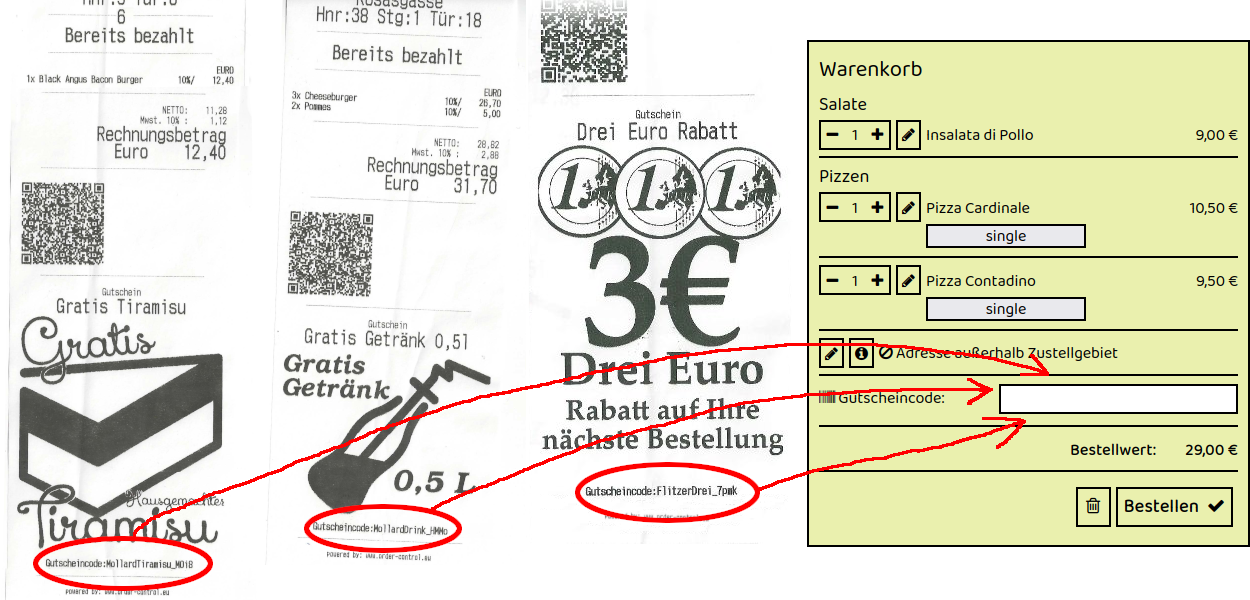 Beispiel für Gutscheincodes auf Rechnungszetteln von EDIP Kebap Pizza Burger in Wien Karl Tornaygasse 37 – drei Rechnungen mit individuellen Gutscheincodes, die im Online-Warenkorb des Restaurants eingegeben werden können.